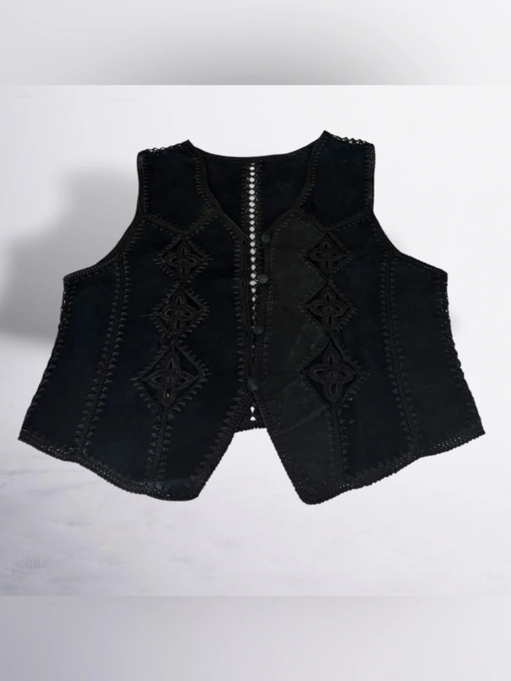 Vintage Black Genuine Leather Suede & Crochet Patchwork Women's Vest - Picture 7 of 7
